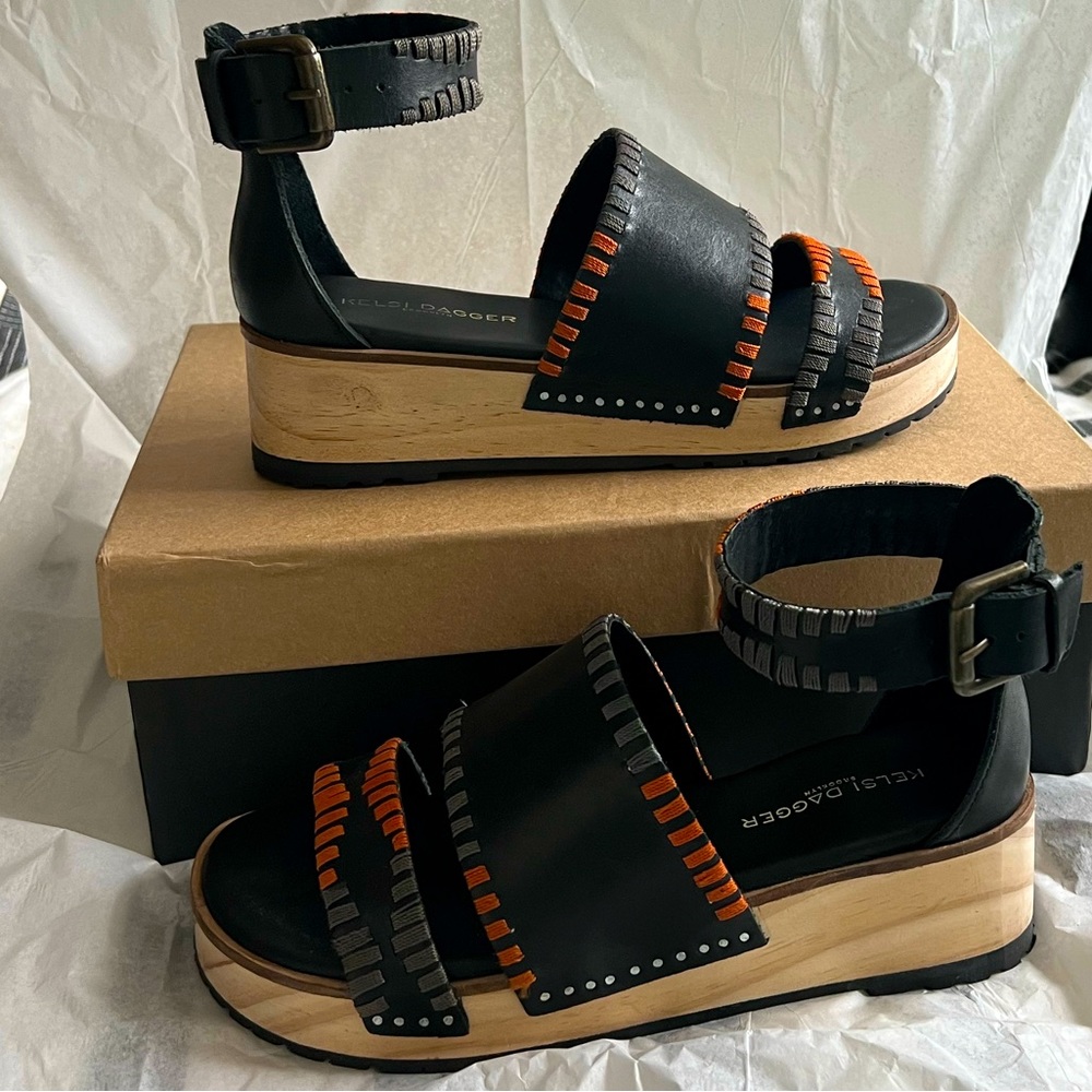 Kelsi Dagger Degraw black and orange clogs sandal only worn once leather & wood